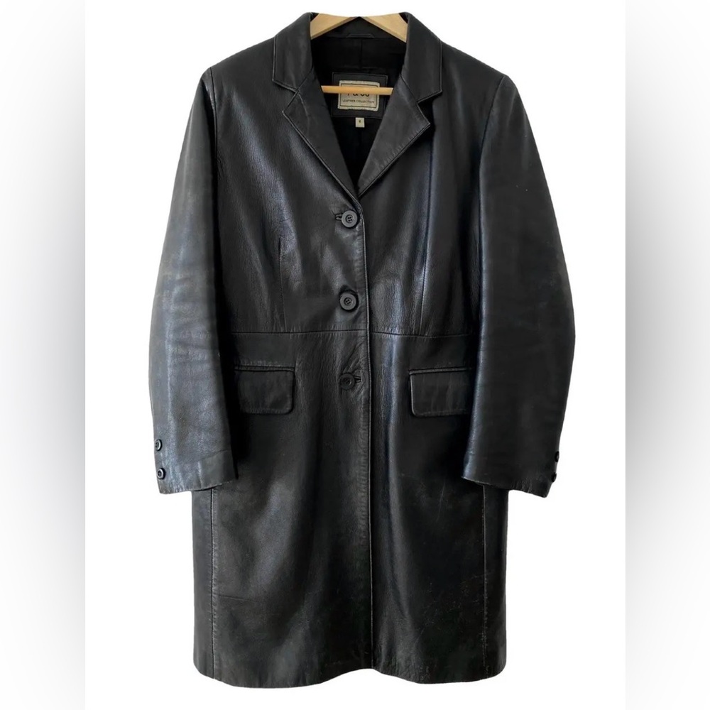 F & Co Black Leather Trench Coat | Long Genuine Leather Button Front | Size 42